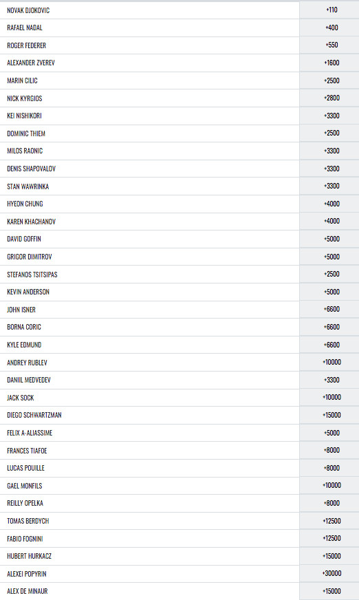 Current Odds at MyBookie to Win the Men's U.S. Tennis Open