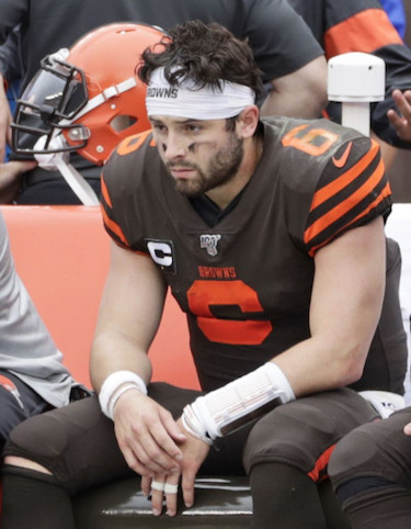 Baker Mayfield Sad on the Bench